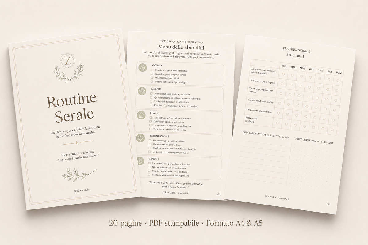Preview pagine interne Planner Routine Serale Zenvoria – cover, menu abitudini e tracker settimanale PDF stampabile A4 A5
