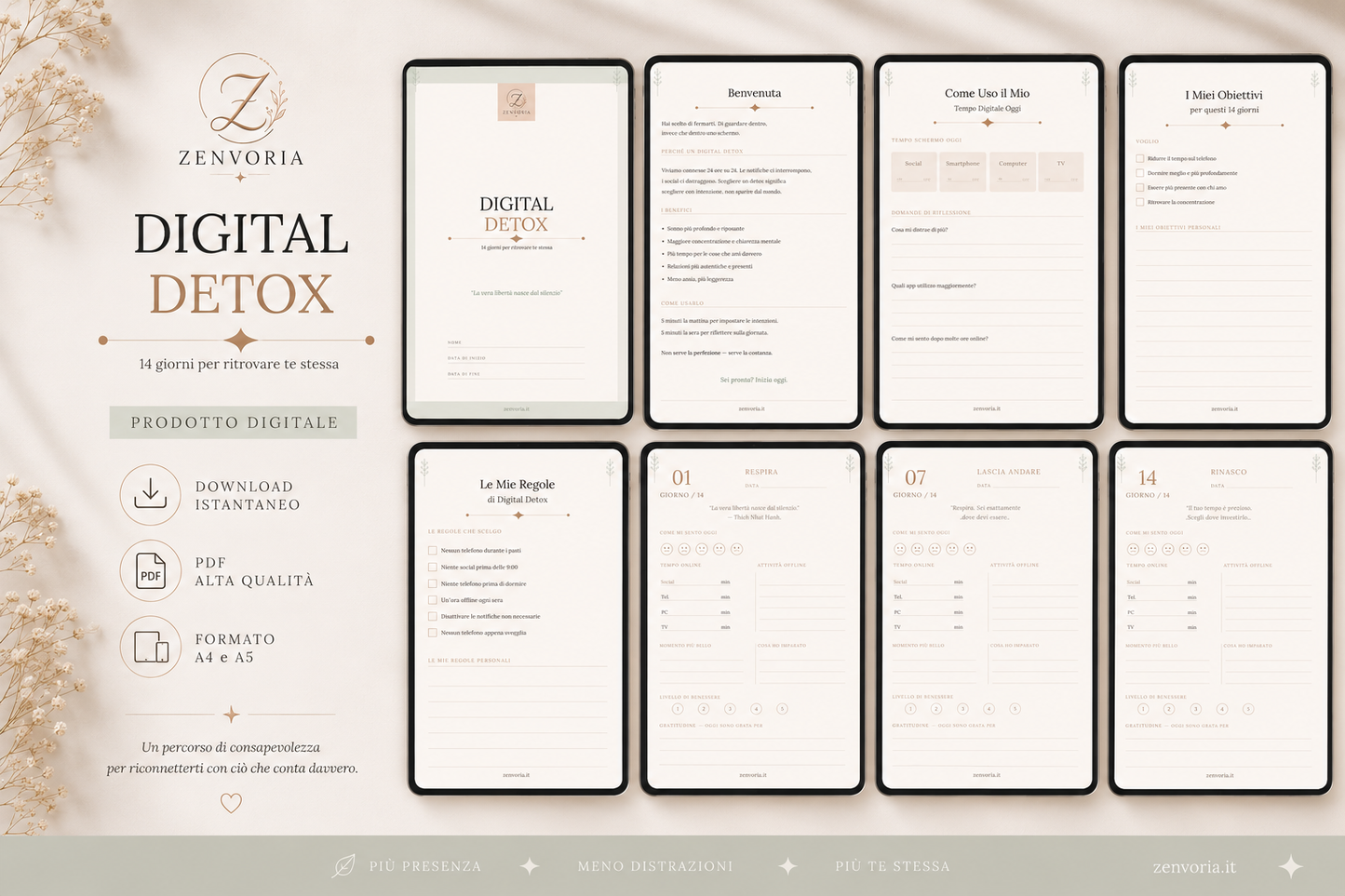 Digital Detox – Planner Digitale PDF | 14 Giorni per Disintossicarti dallo Schermo (A4 + A5)