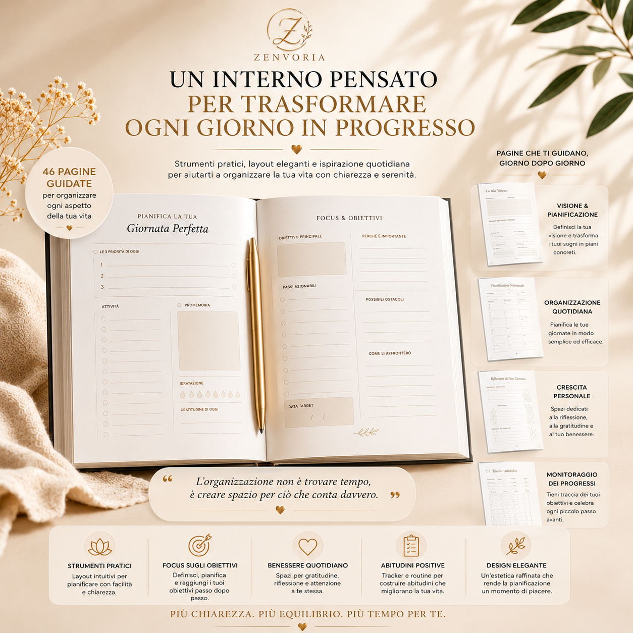 Organizzazione della Vita | Planner Digitale PDF A4 + A5 | 46 Pagine per Pianificare con Chiarezza e Intenzione