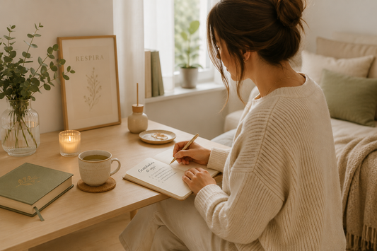 Donna che scrive nel diario della gratitudine per gestire l'ansia quotidiana