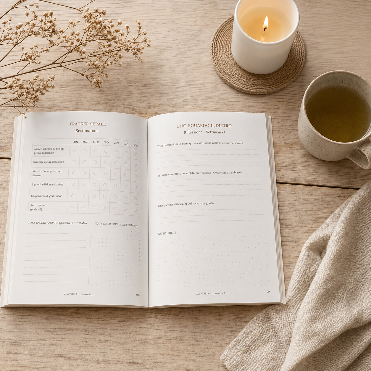 Planner Routine Serale Zenvoria aperto sul tracker settimanale, con candela, tisana e fiori secchi su superficie in legno