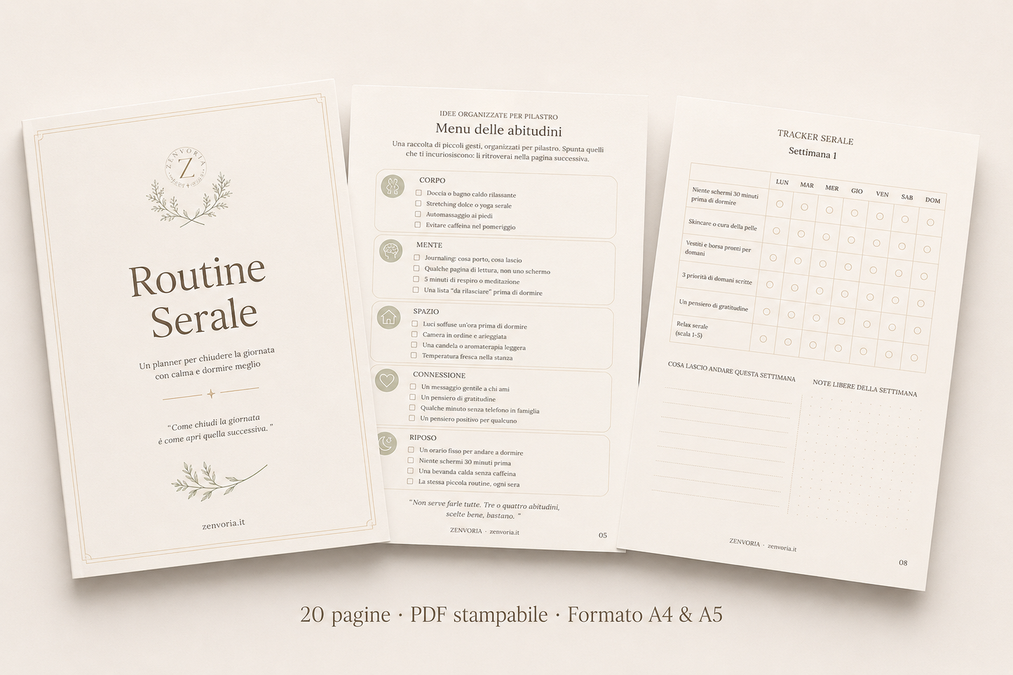 Preview pagine interne Planner Routine Serale Zenvoria – cover, menu abitudini e tracker settimanale PDF stampabile A4 A5