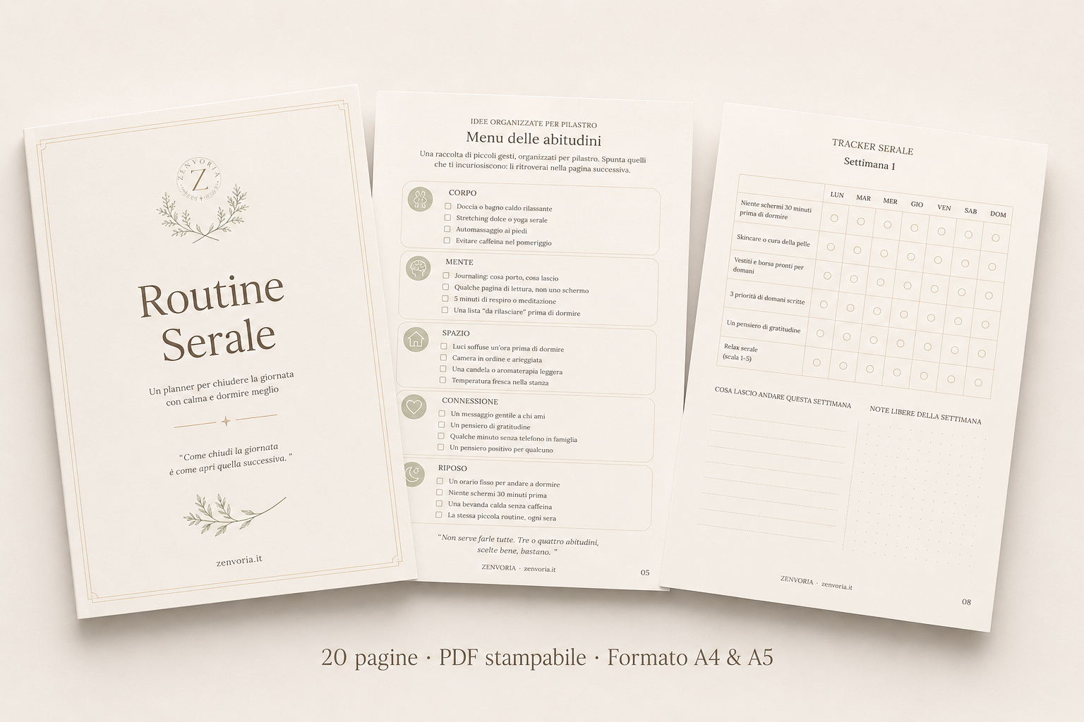 Preview pagine interne Planner Routine Serale Zenvoria – cover, menu abitudini e tracker settimanale PDF stampabile A4 A5