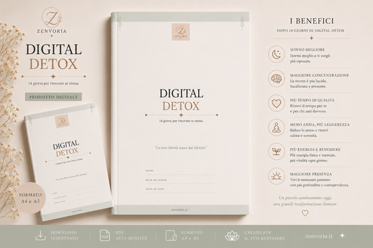 Digital Detox PDF Zenvoria, planner digitale 14 giorni con copertina, benefici e formati A4 A5