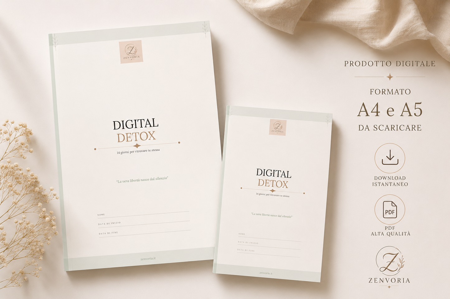 Digital Detox – Planner Digitale PDF | 14 Giorni per Disintossicarti dallo Schermo (A4 + A5)