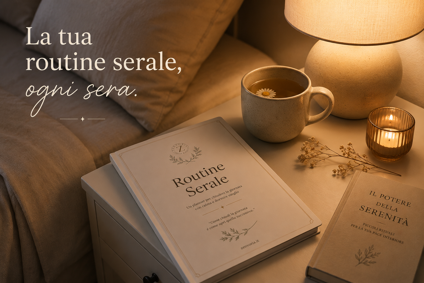 Planner Routine Serale Zenvoria sul comodino con tisana e candela, atmosfera serale rilassante