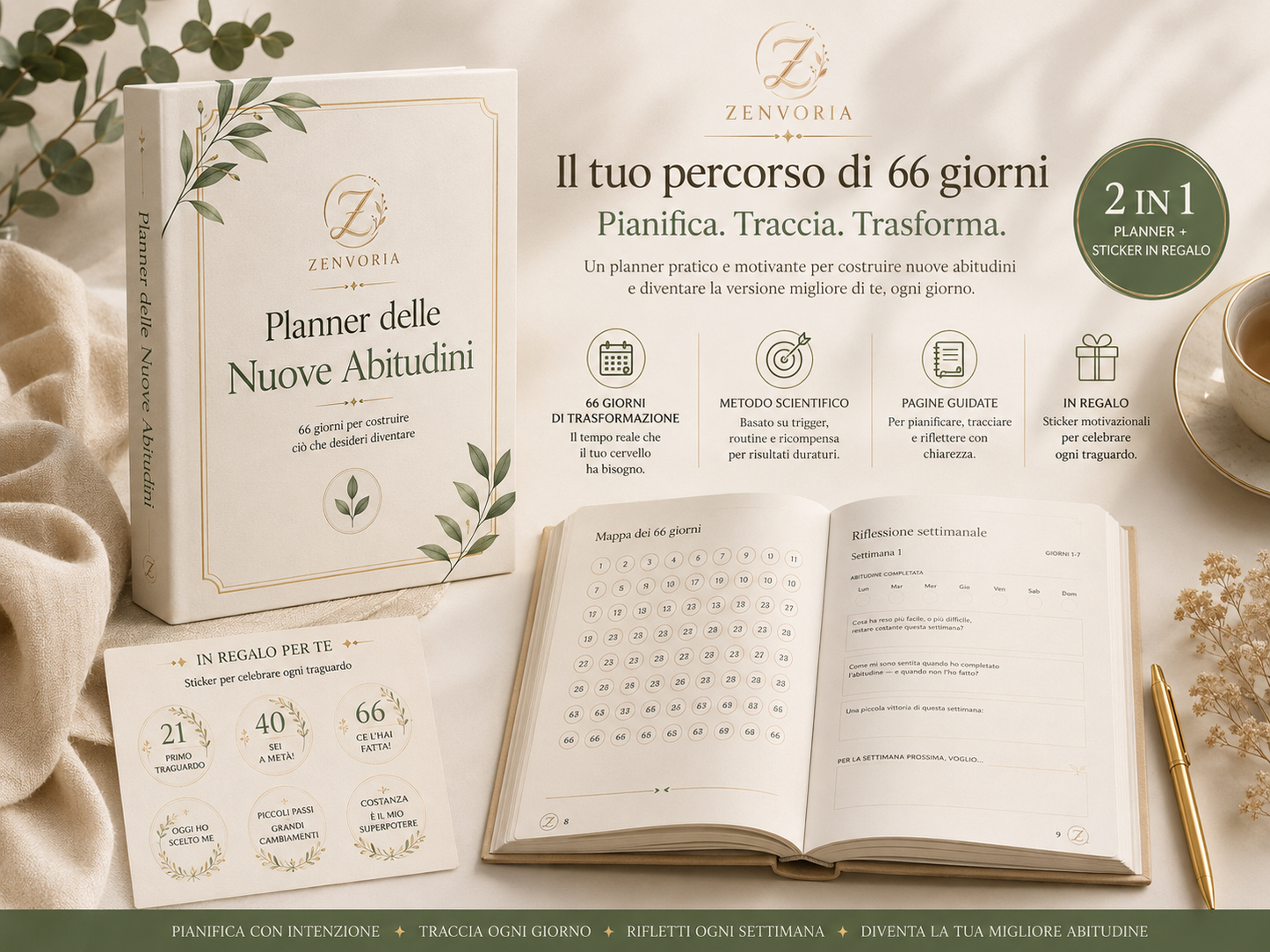 Planner delle Nuove Abitudini – 66 Giorni per Cambiare la Tua Vita | 2 in 1 + Sticker Motivazionali in Regalo