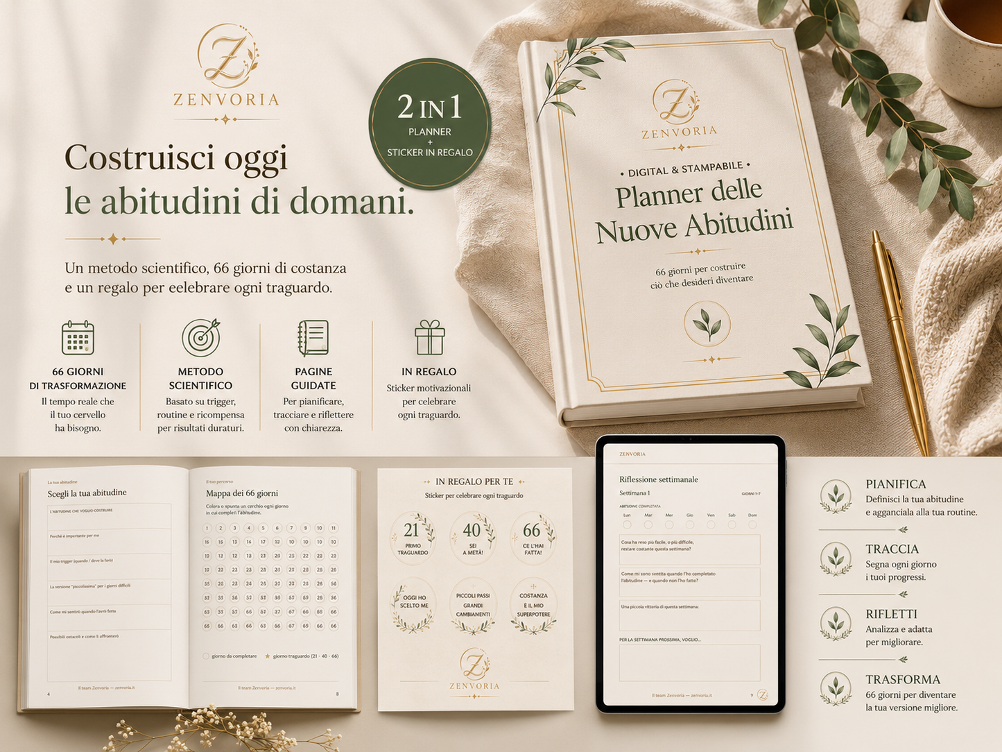 Planner delle Nuove Abitudini – 66 Giorni per Cambiare la Tua Vita | 2 in 1 + Sticker Motivazionali in Regalo