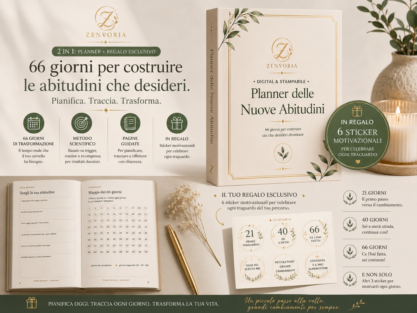 Planner delle Nuove Abitudini – 66 Giorni per Cambiare la Tua Vita | 2 in 1 + Sticker Motivazionali in Regalo