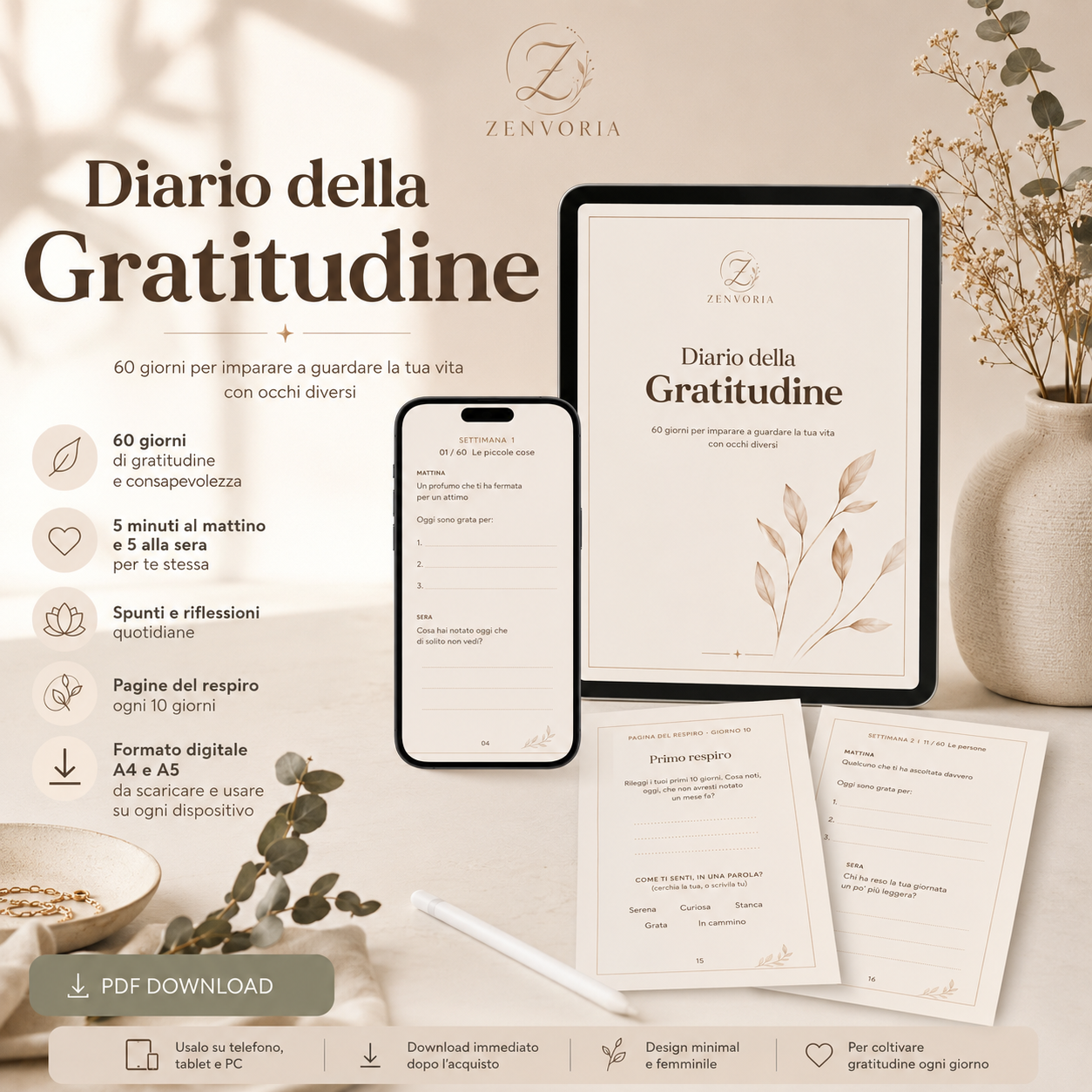 Diario della Gratitudine – Planner Digitale PDF | 60 Giorni per Coltivare la Gratitudine (A4 + A5)