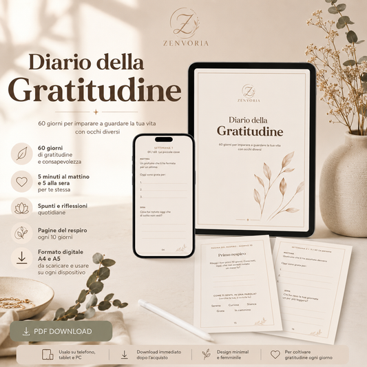 Copertina Diario della Gratitudine PDF Zenvoria, planner digitale 60 giorni su smartphone e tablet