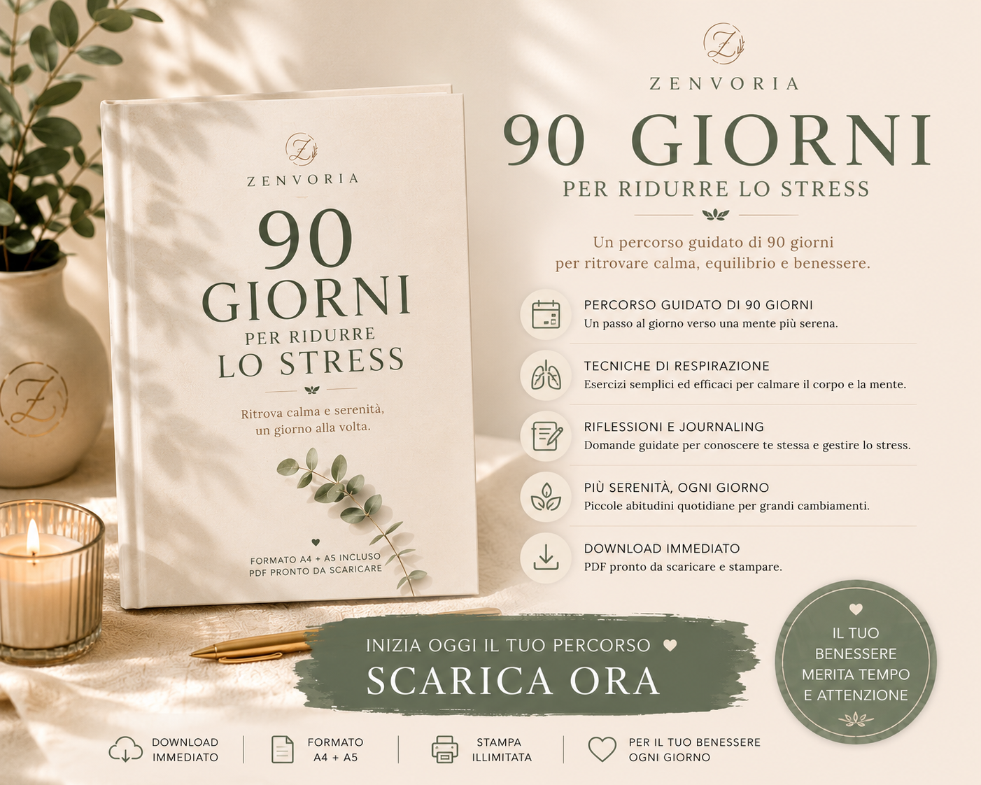 90 Giorni per Ridurre lo Stress | Diario Digitale PDF A4 + A5