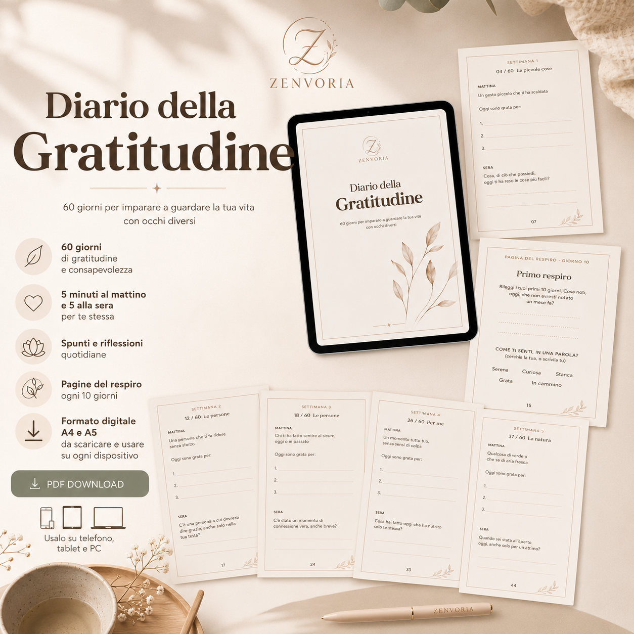 Diario della Gratitudine – Planner Digitale PDF | 60 Giorni per Coltivare la Gratitudine (A4 + A5)