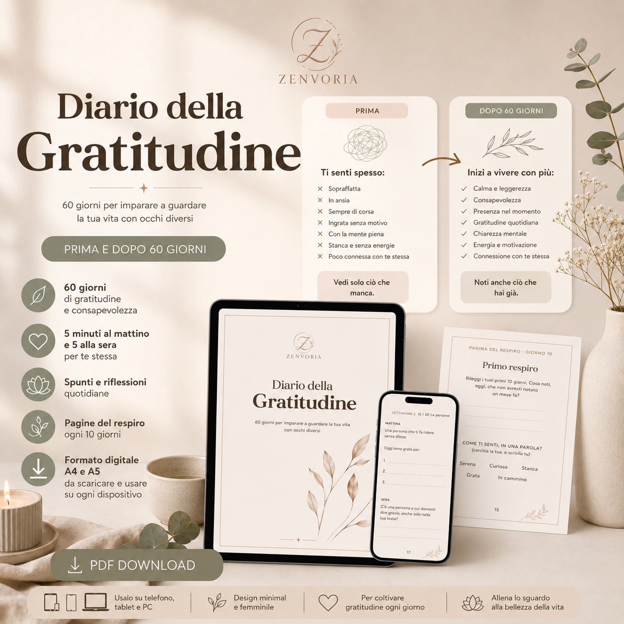 Diario della Gratitudine – Planner Digitale PDF | 60 Giorni per Coltivare la Gratitudine (A4 + A5)