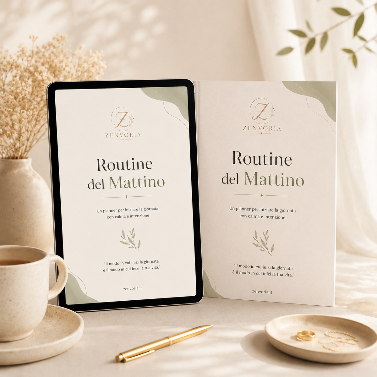 Planner digitale Routine del Mattino Zenvoria su tablet con tazza di caffè, design cream sage gold