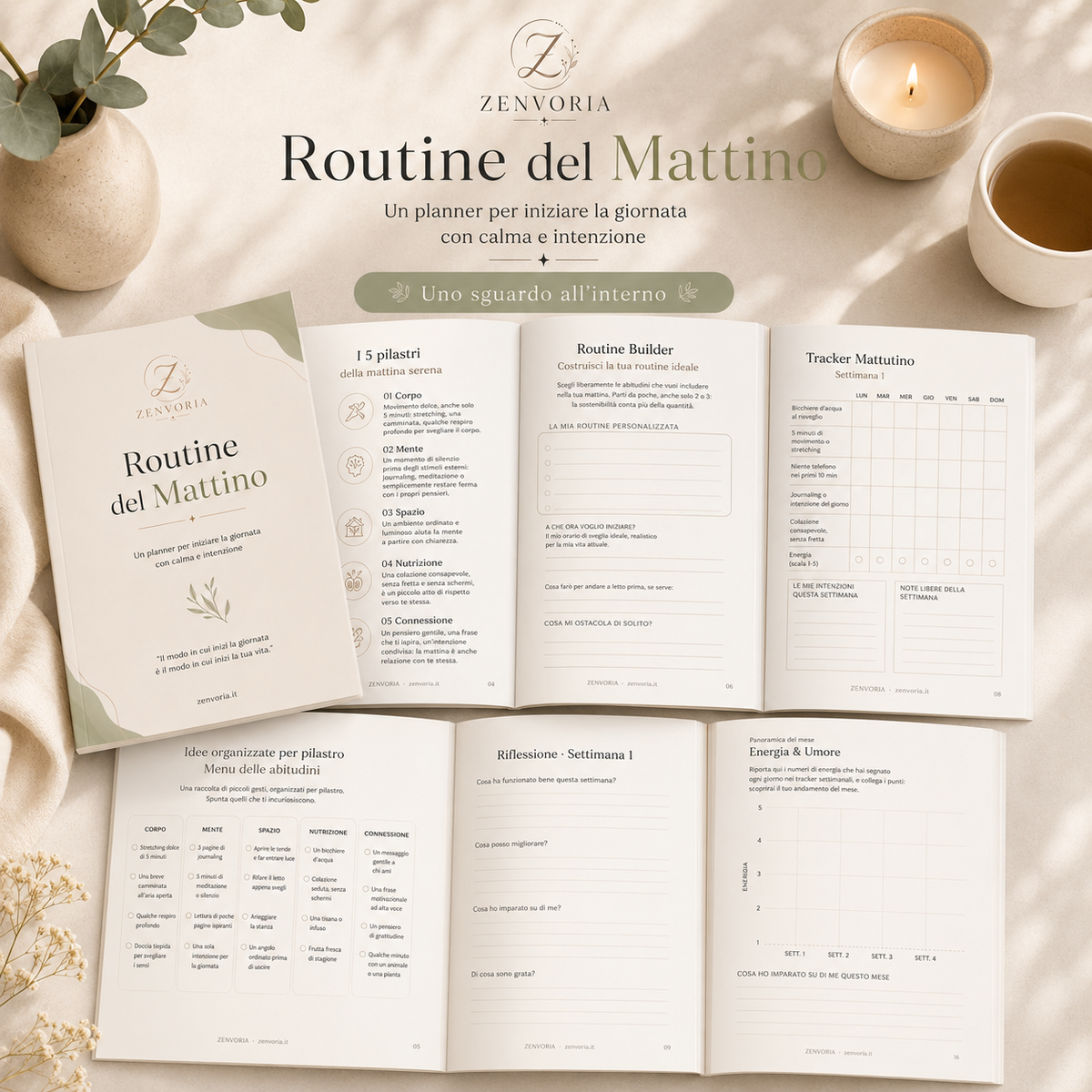 Anteprima interno planner Routine del Mattino Zenvoria, pagine tracker mattutino e routine builder
