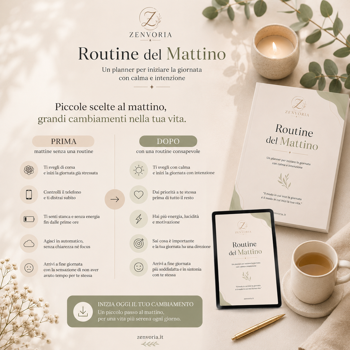 Confronto prima e dopo routine mattutina con planner Routine del Mattino Zenvoria su tablet