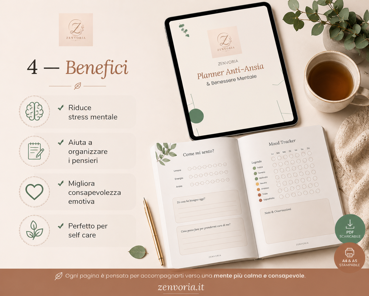 Planner Anti-Ansia & Benessere Mentale | PDF Digitale A4 + A5