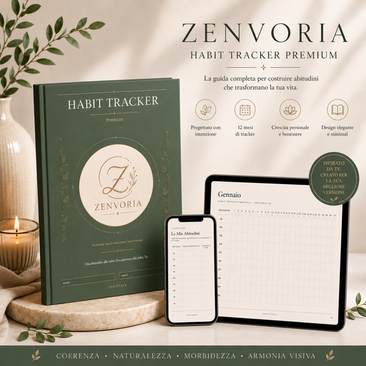 Habit Tracker Premium Zenvoria, planner abitudini con copertina verde su tablet e smartphone