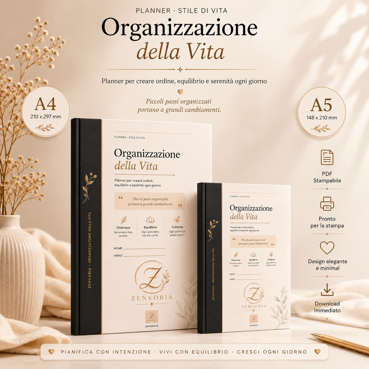 Organizzazione della Vita | Planner Digitale PDF A4 + A5 | 46 Pagine per Pianificare con Chiarezza e Intenzione